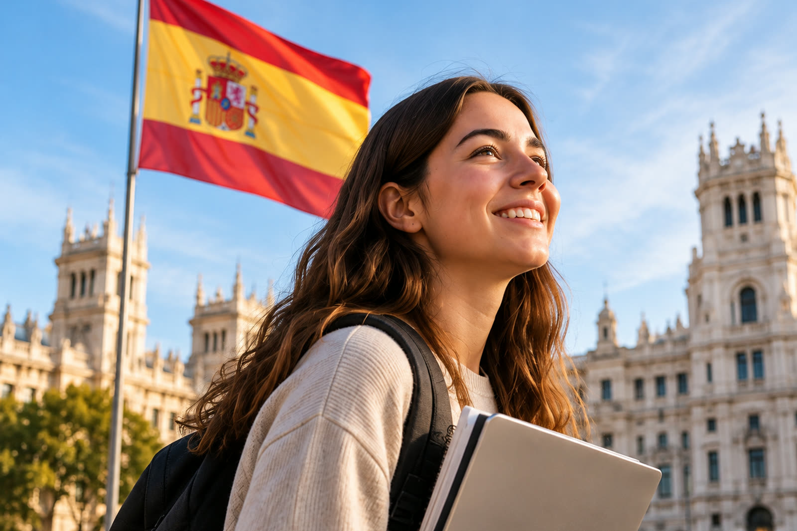 Estudiante con mochila y apuntes frente a la bandera de España en el centro de Madrid
